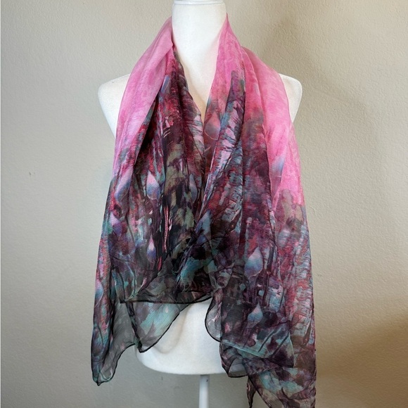 Joyce 100% Silk Pink Purple Watercolor Abstract Floral Artsy Scarf Wrap 40”x50” - Picture 4 of 8